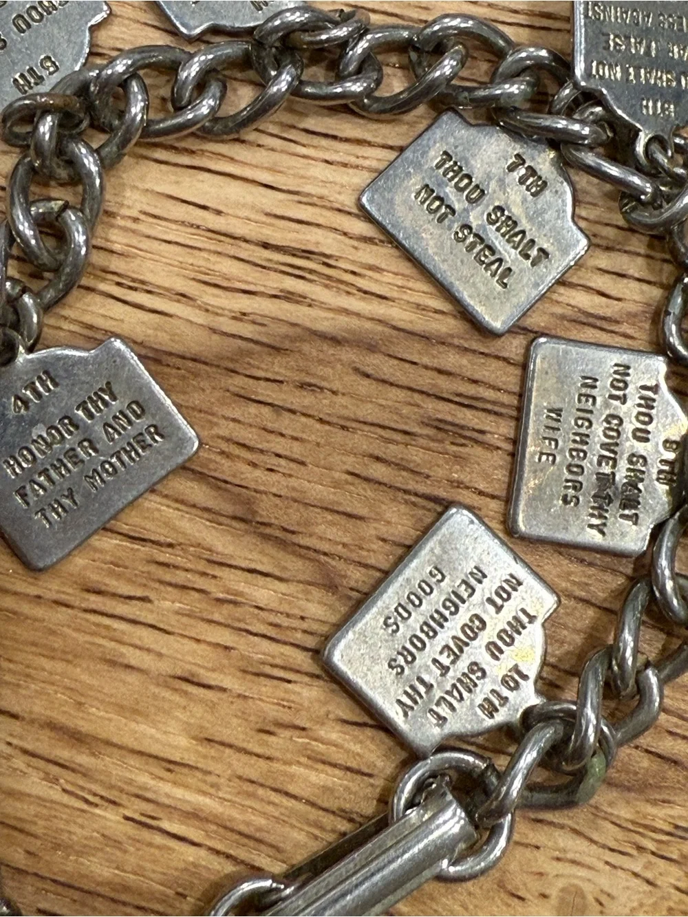 Vintage Mid-Century Silver Tone Ten Commandments Charm Bracelet